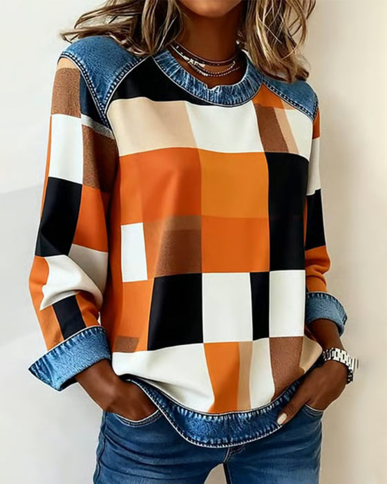 Sweatshirt mit Karo-Patchwork und Kontrastfarbe