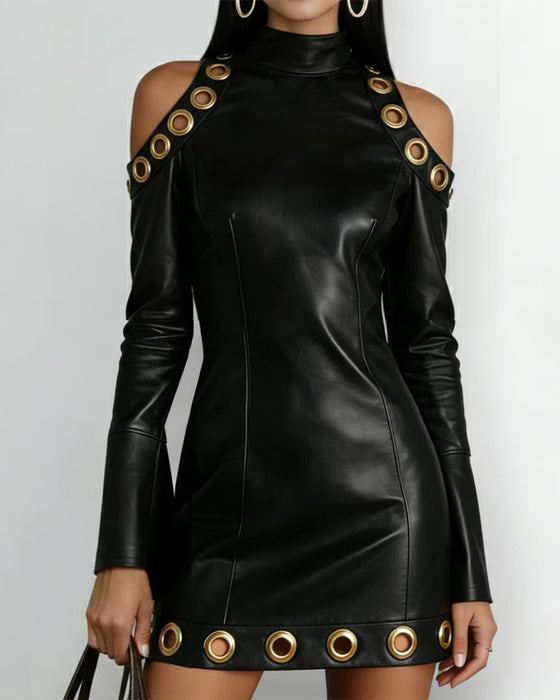 Kleid Hoher Kragen Kaltes Schulter Metallring
