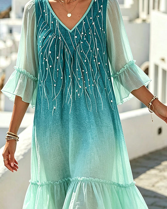 Kleid V-Ausschnitt Ombre Rüschensaum