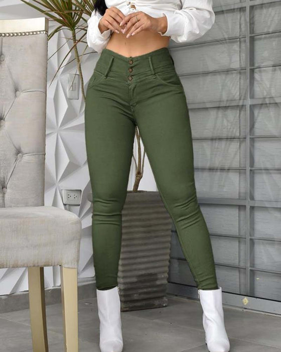 Hose Hohe Taille Tasche Knopf Enge