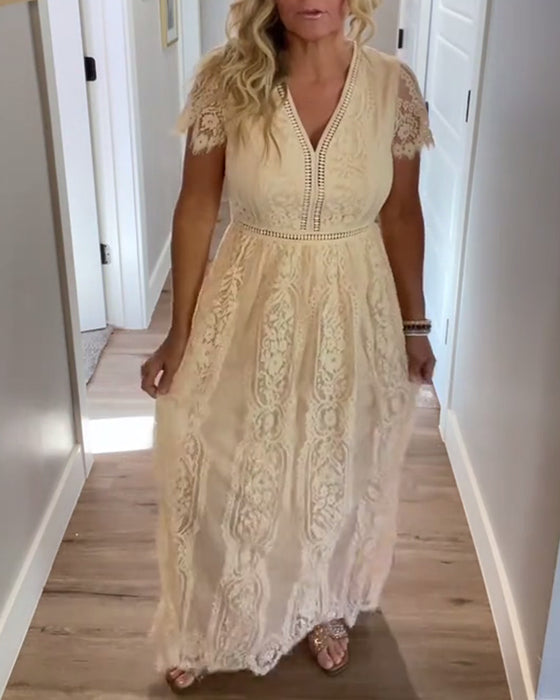 Kleid V-Ausschnitt Elegante Spitzen Taille