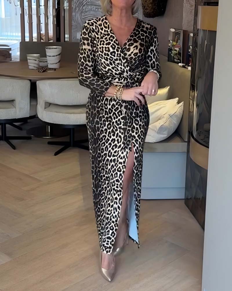 Kleid Leopard Druck V-Ausschnitt Wickel Schlitz