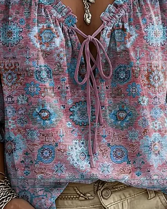 Bluse V-Ausschnitt Bindung Vintage Print