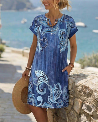 Kleid V-Ausschnitt Halbe Knopfleiste Druck