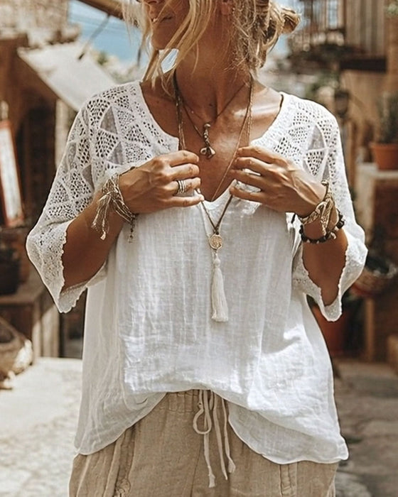 Bluse Unifarben eingefasst V-Ausschnitt