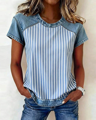 T-Shirt Denim Patchwork Gestreift Kurzarm