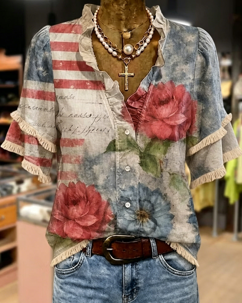 Bluse Mit Blumenprint Und Rüschenbesatz