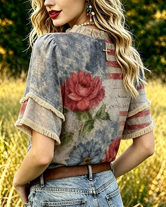 Bluse Mit Blumenprint Und Rüschenbesatz
