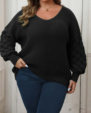 Pullover Puffärmel V-Ausschnitt Gestrickt