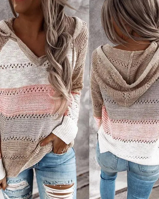 Pullover Farbblock Ausschnitt Mit Kapuze Gestrickt