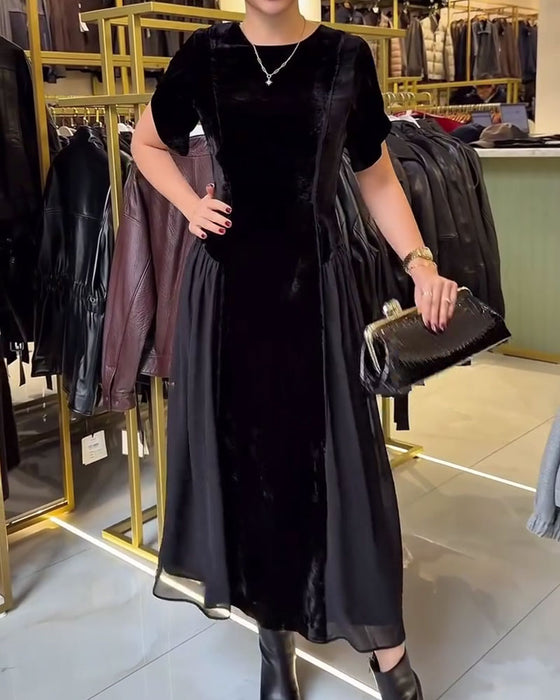 Kleid Rundhals Plissiert Slim Fit Großer Rock