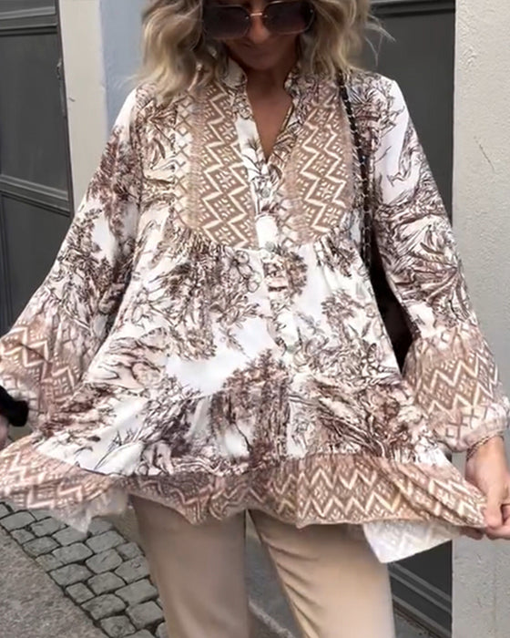 Bluse V-Ausschnitt Blumendruck Vintage