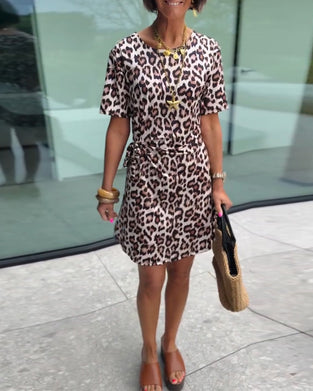 Kleid Rundhals Leopardenmuster Kurzarm