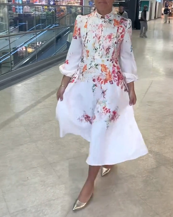 Kleid Französisch Puffärmel Stehkragen Druck
