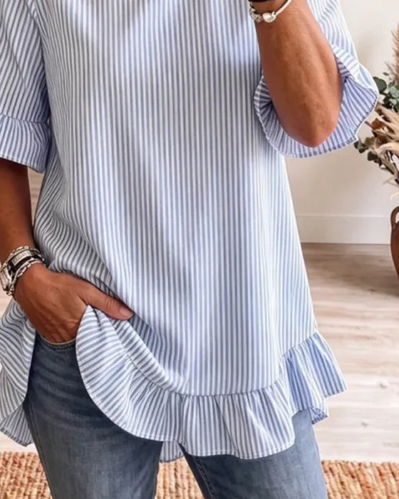 T-Shirts Streifen Rundhals Rüsche