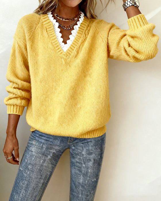 Eleganter Pullover Mit V-Ausschnitt Und Rüschen