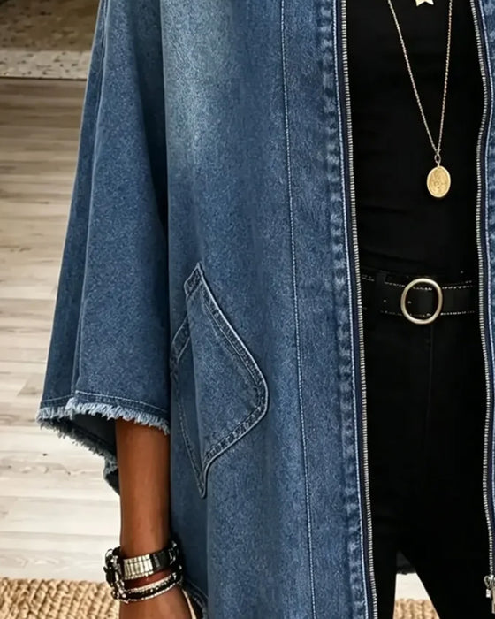 Mantel Revers Reißverschluss Franse Denim