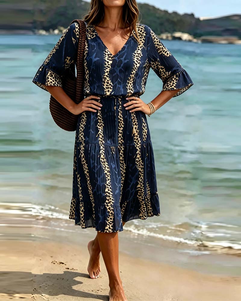 Kleid V-Ausschnitt Leopard Patchwork Midi Urlaub