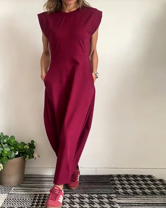 Kleid Rundhals Tasche Einfarbig