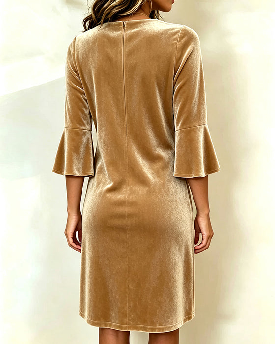 Kleid Samt V-Ausschnitt Schlag Ellenbogenlang Ärmel Gerade