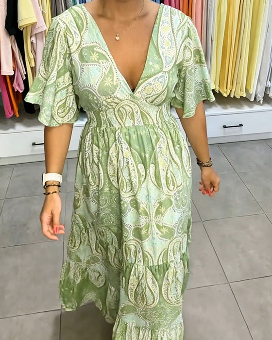 Kleid V-Ausschnitt Rüsche Druck