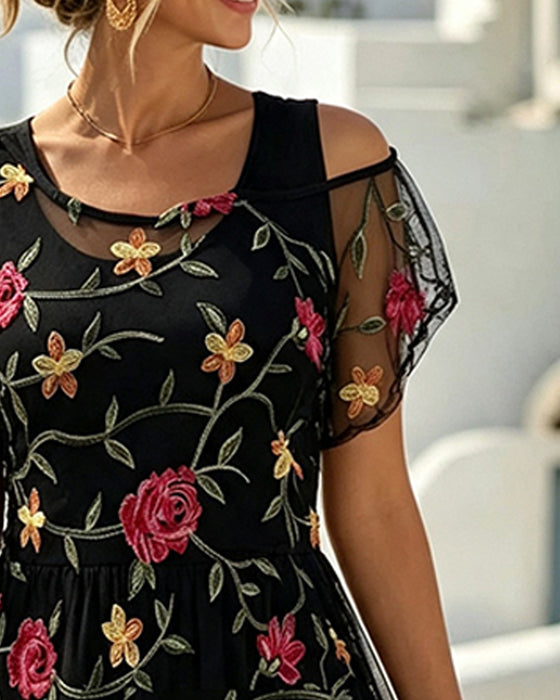 Kleid Blumenprint Rundhals Scheuer A-Linie