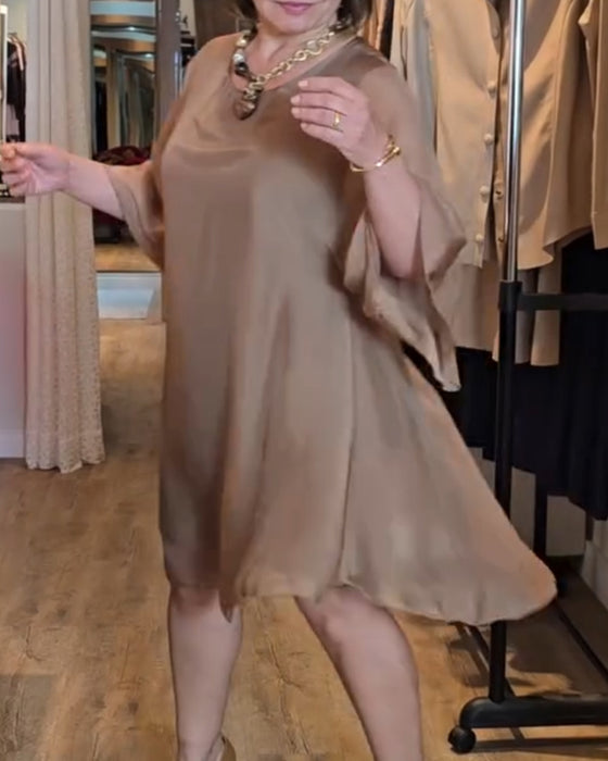 Kleid Rundhals Locker Fließend Midi