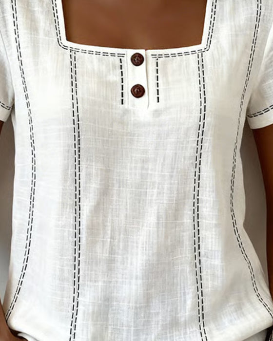 Bluse Kleiner Quadratischer Ausschnitt Uni Knopf