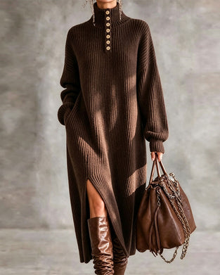Kleid Rollkragen Knopf Schlitz Lang
