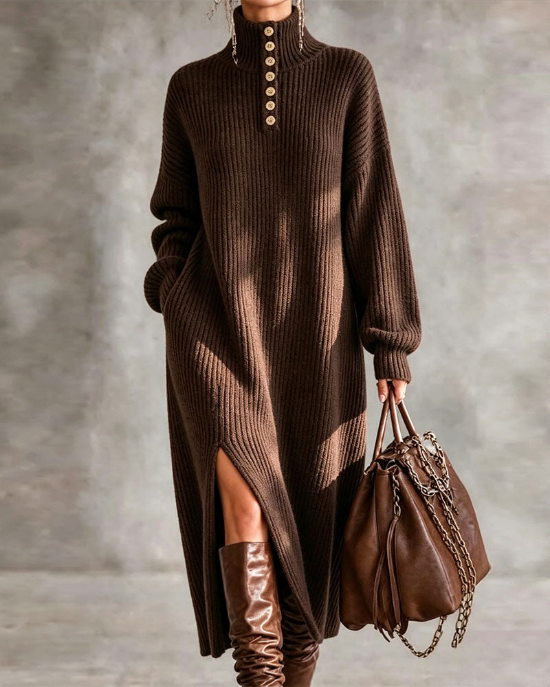 Kleid Rollkragen Knopf Schlitz Lang