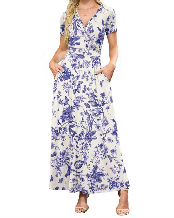 V-Ausschnitt Bedrucktes Kurzarmkleid