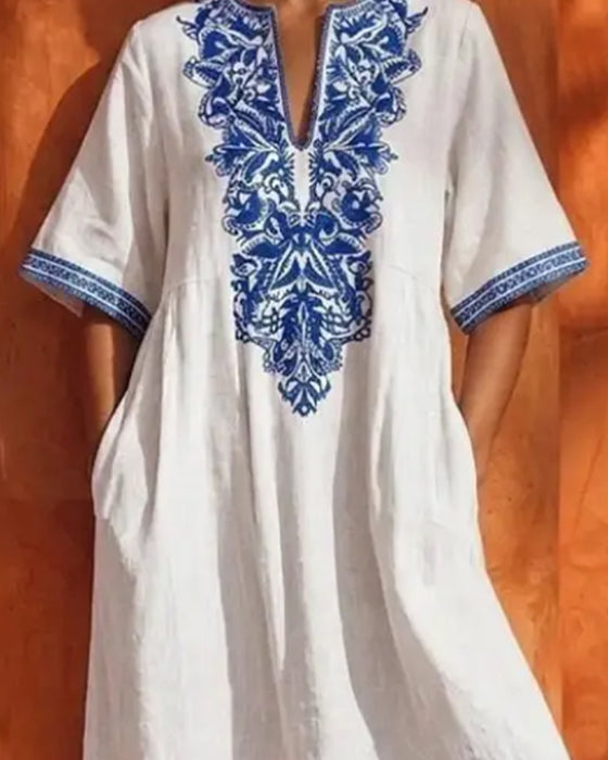 Kleid V-Ausschnitt Bohemian Weiter Rock Tasche