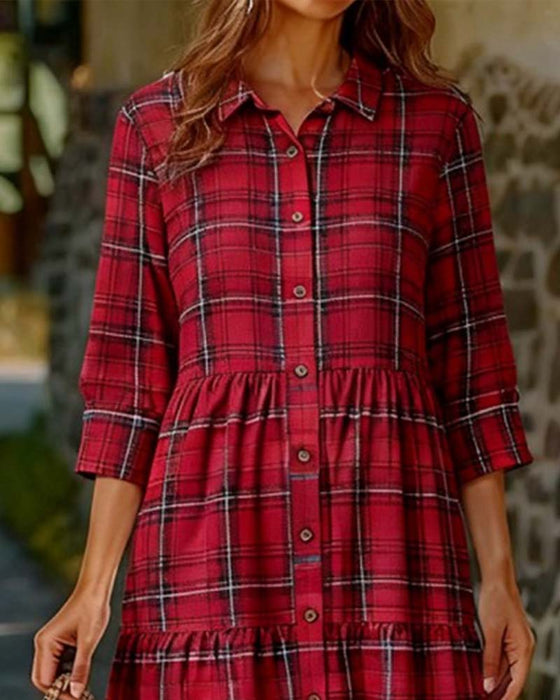 Kleid Plaid Sieben-Viertel Ärmel Gestuft