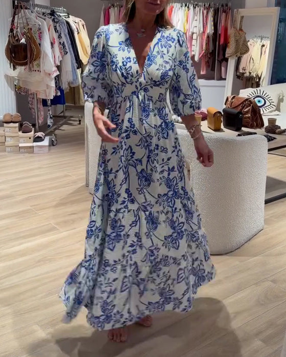 Kleid Tiefer V-Ausschnitt Elegant Blumig Lang