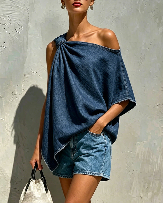 Bluse Denim Knoten Einerschulter