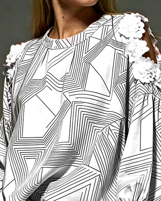 Bluse Rundhals Off-Shoulder Geometrisch Locker