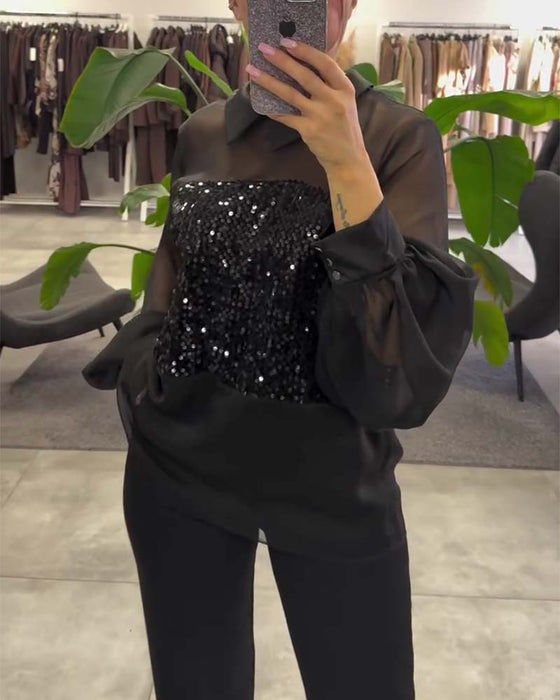 Bluse Uni-Farbe Puffärmel Kragen