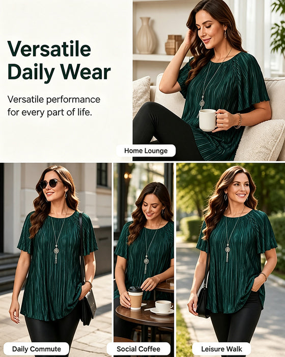 T-Shirt Plus Size Uni Plissiert Kurzarm