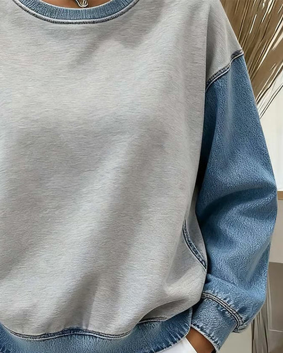 Sweatshirt Runder Ausschnitt Denim Patchwork