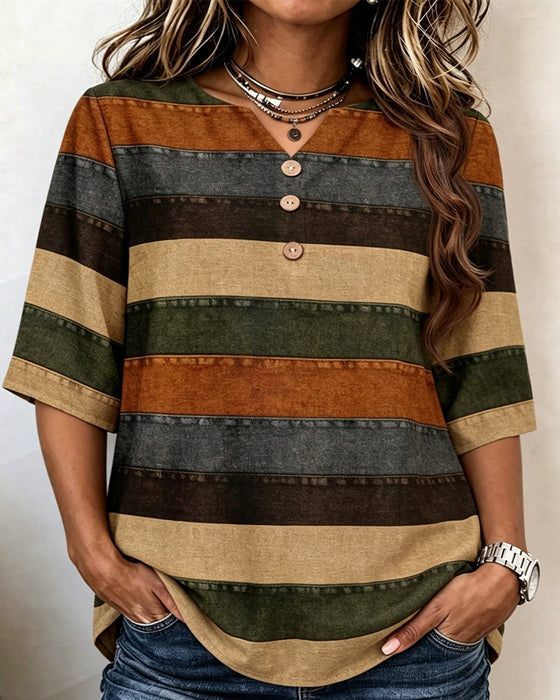T-Shirt Knopf Patchwork Horizontaler Streifen