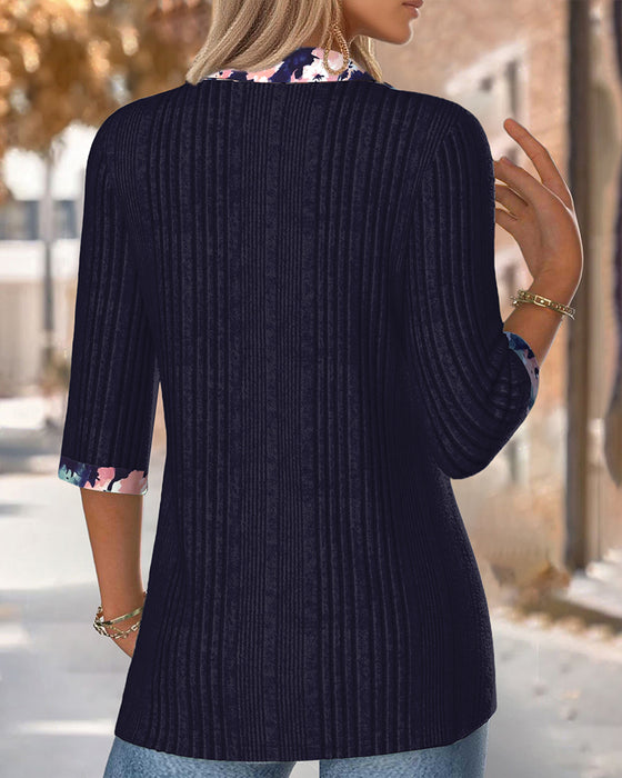 Bluse Mit Revers Drei-Viertel-Ärmel Kontrastfarbe
