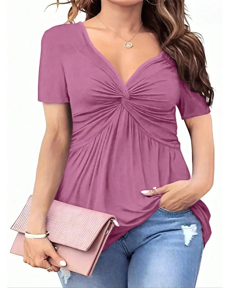 T-Shirt V-Ausschnitt Verdrehte Taille Einfarbig