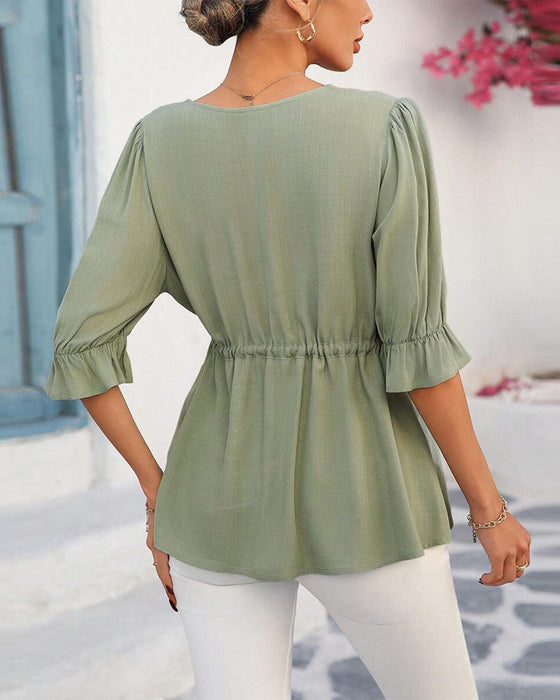 Bluse V-Ausschnitt Taille Einfarbig Elegant