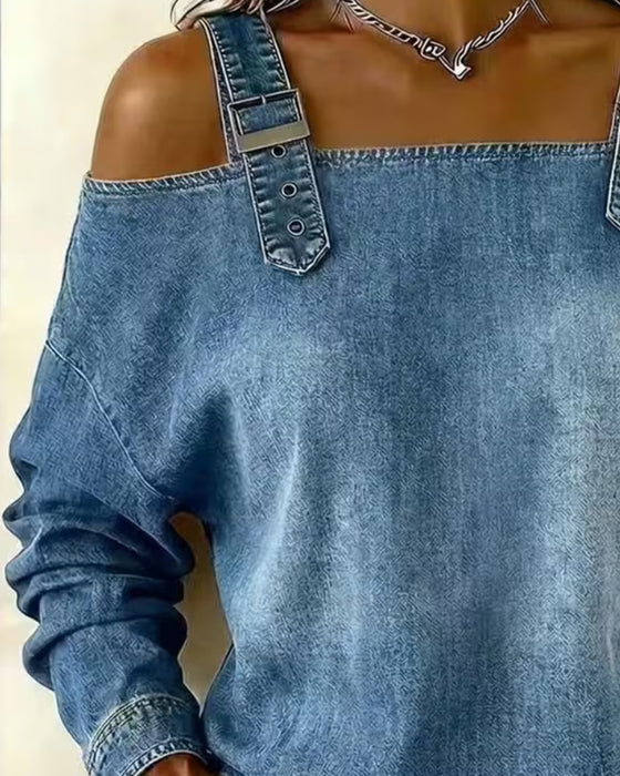 Bluse Spaghettiträger Off-Shoulder Denim Metall Knopf