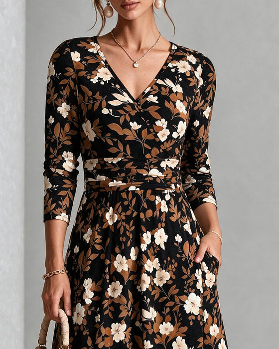 Kleid V-Ausschnitt Druck A-Linie