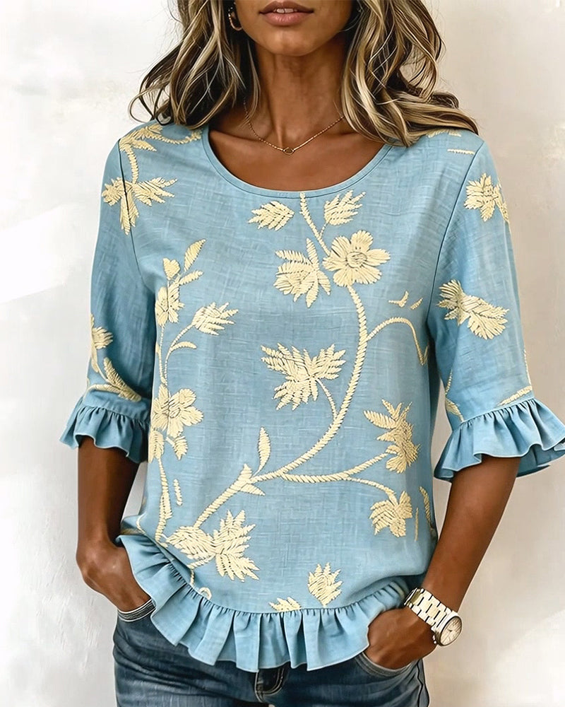 Bluse Jasmin Rüsche Rundhalsausschnitt Halblanger Ärmel