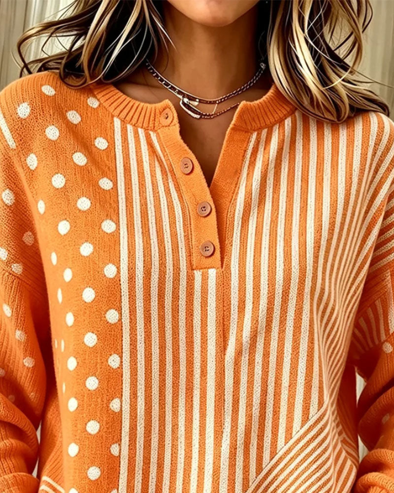 Pullover Knopf Vorne Streifen Tupfen Drop Schulter Gestrickt