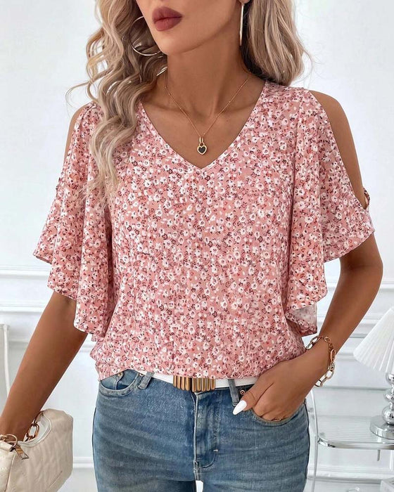 Bluse V-Ausschnitt Blumig Off-Shoulder Flügelärmel