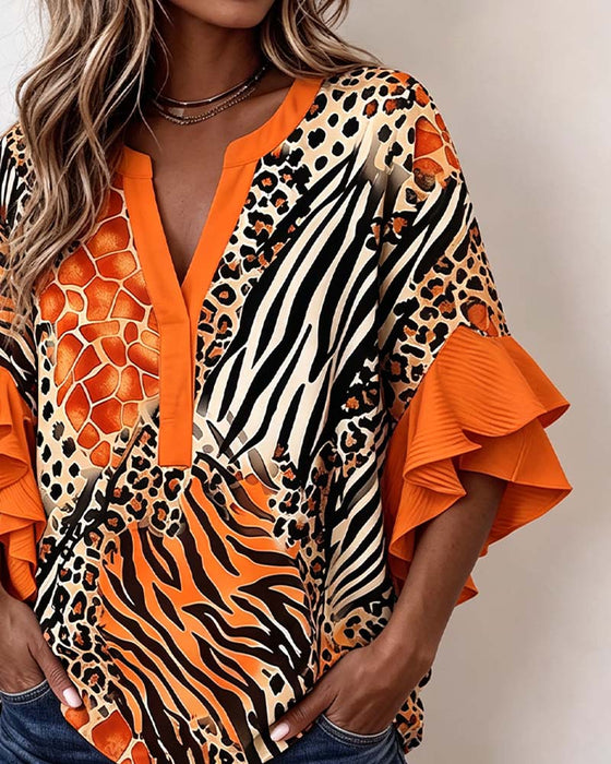 Bluse Zebra Leopard Druck Rüsche Ärmel