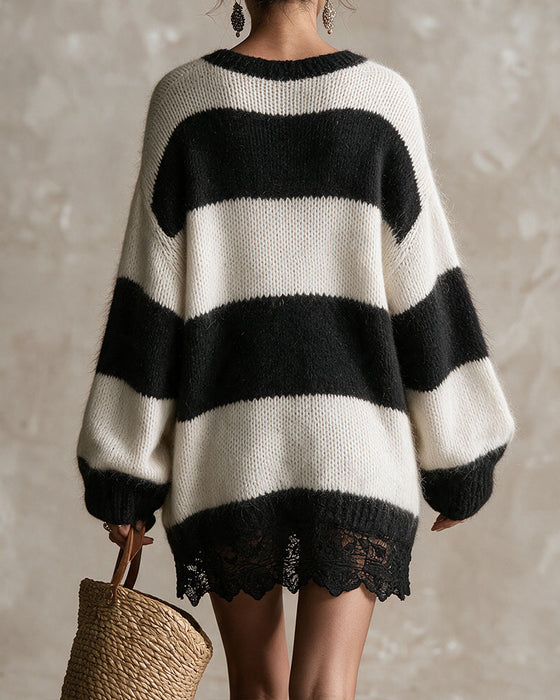 Pullover Kleid V-Ausschnitt Gestreift Spitze Patchwork